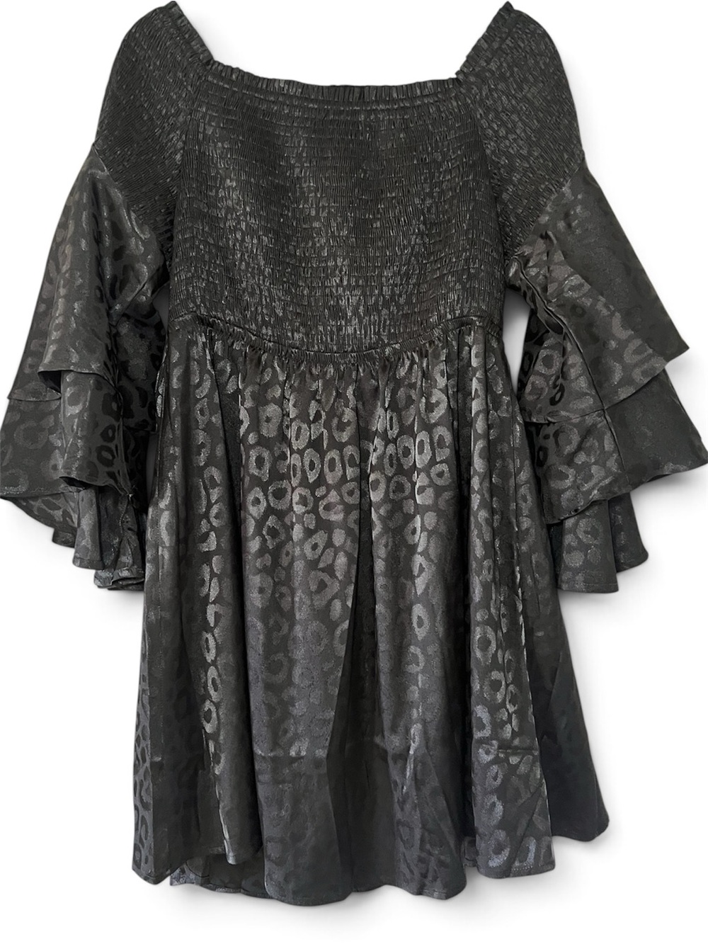 Women’s Black Leopard off the Shoulder Ruffle Dress